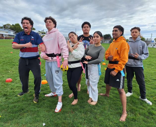 Celebrating after their kī-o-rahi game at the Rangatahi Zone in Bluff on Monday are (from left)...