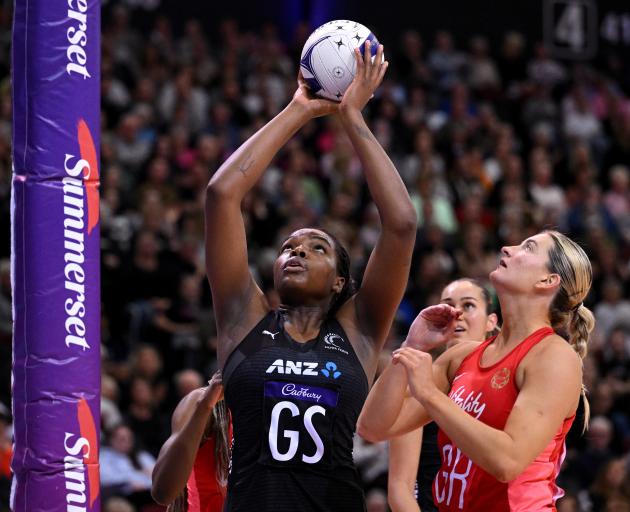 Grace Nweke of the SIlver Ferns shoots during tonight's Taini Jamison Trophy match between the...