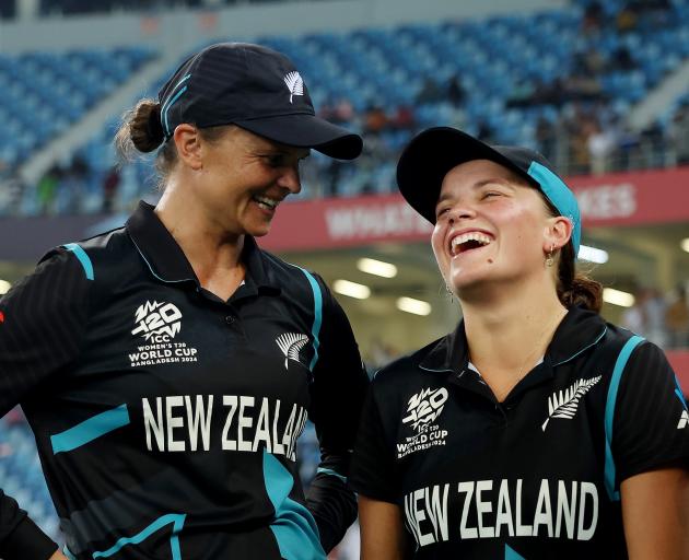 White Ferns Suzie Bates (left) and Eden Carson share a moment after beating South Africa in the...