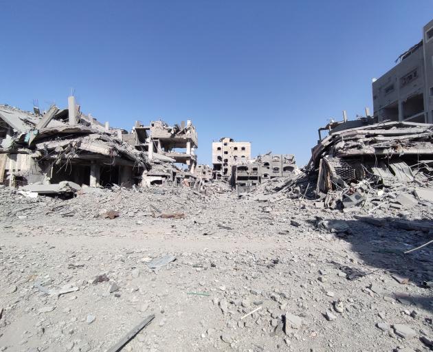 A view of the destruction left behind following the withdrawal of Israeli forces from Beit Lahia,...