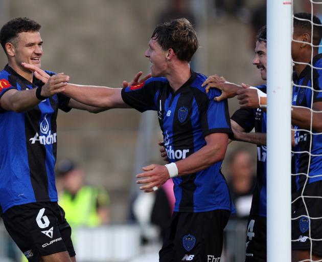 Auckland FC players celebrate the winning goal. Photo: Getty Images