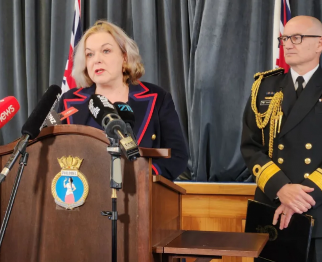 Defence Minister Judith Collins and Chief of Navy Rear Admiral Garin Golding speaking to media...