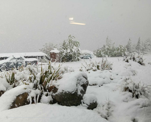 Heavy snow in Lake Ōhau this morning. Photo: Aaron Jones
