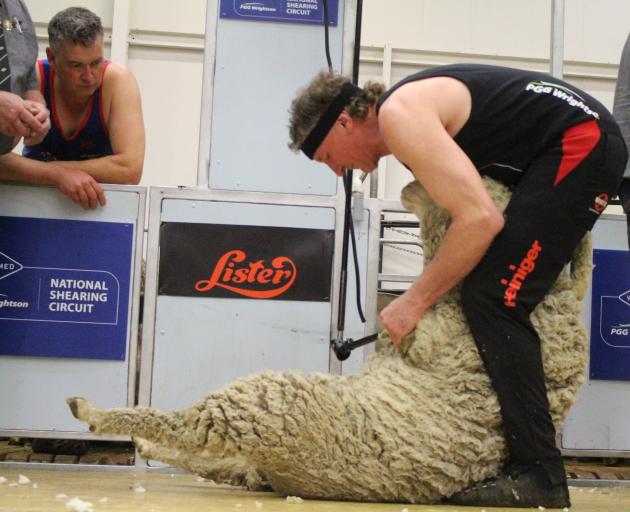 Palmerston shearer Chris Vickers competes in the open shearing final in Alexandra wearing a...