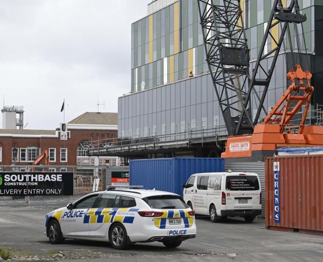 Police at the new Dunedin hospital outpatients building site yesterday. Photo: Gerard O'Brien