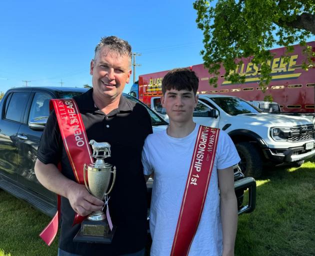 Shearers Justin Meikle and son Tye Meikle won their respective competitions at the Ellesmere A&P...