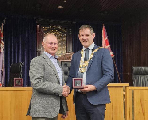 John McBeth is officially inducted into the Hall of Fame by Timaru District Mayor Nigel Bowen....