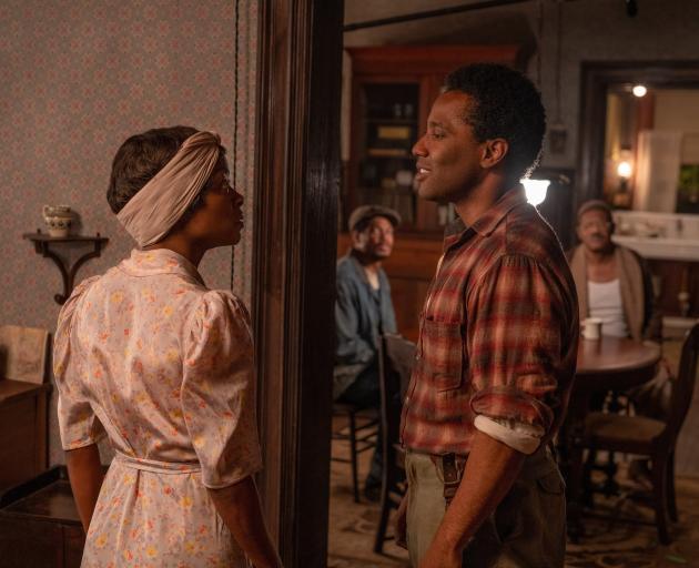 From left, Danielle Deadwyler, Ray Fisher, John David Washington and Samuel L. Jackson in The...