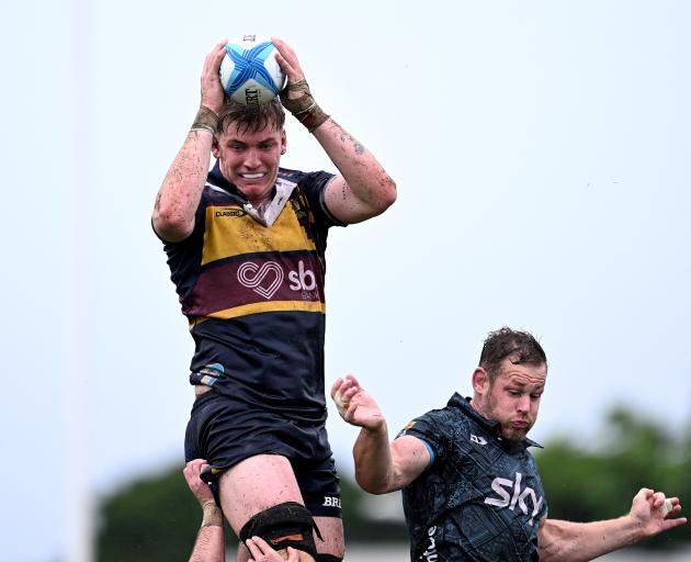 Fabian Holland snatches a lineout ball for the Highlanders earlier this year. PHOTO: ODT FILES