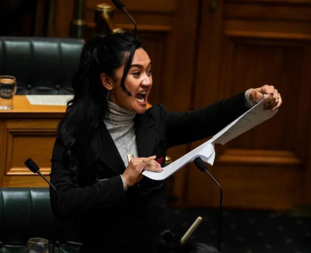 Te Pāti Māori MP Hana-Rawhiti Maipa-Clarke tears up a copy of Act New Zealand leader David...