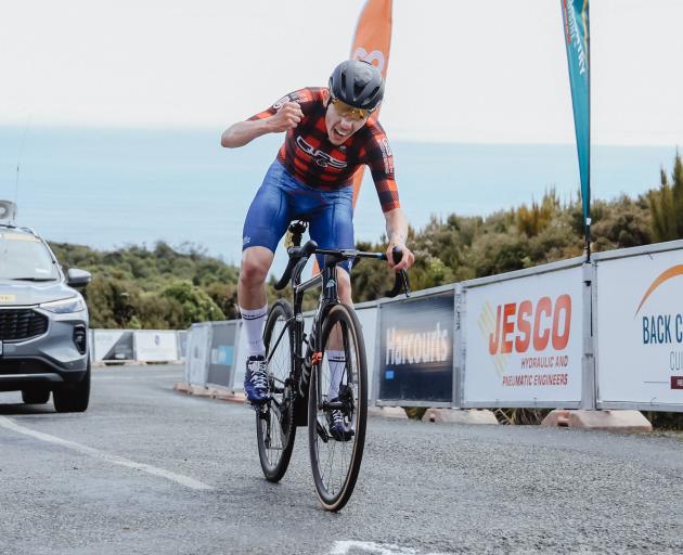 Daniel Whitehouse, of Christchurch, celebrates winning the Invercargill to Bluff stage.