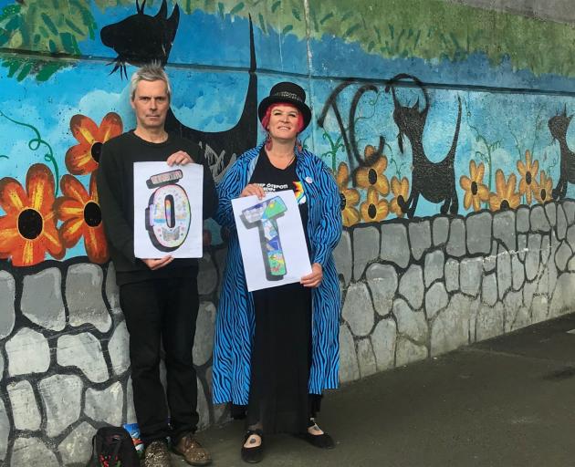 Keep Dunedin Beautiful chairwoman Cr Mandy Mayhem (right) and artist Bruce Mahalski hold a couple...