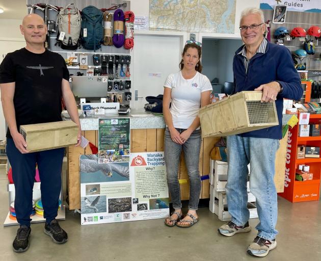 Members of the trapping initiatives, Guy Kennedy, left, Ailsa Rollinson, and Murray Gifford, are...