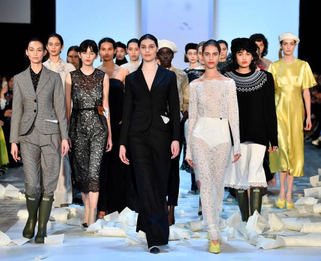 Models walk the runway at the Kate Sylvester show during New Zealand Fashion Week 2019. Photo:...