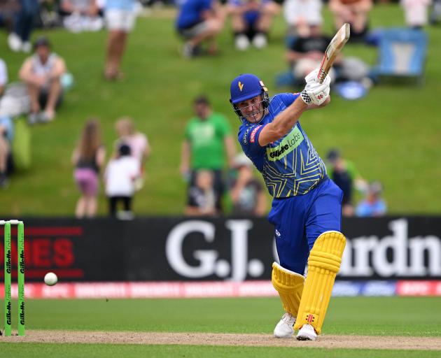Volts batter Dean Foxcroft blasts through the offside against the Stags in their Super Smash game...