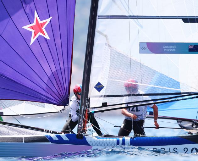 Micah Wilkinson and Erica Dawson of Team NZ compete in the Sailing Mixed Multihull Nacra Medal...