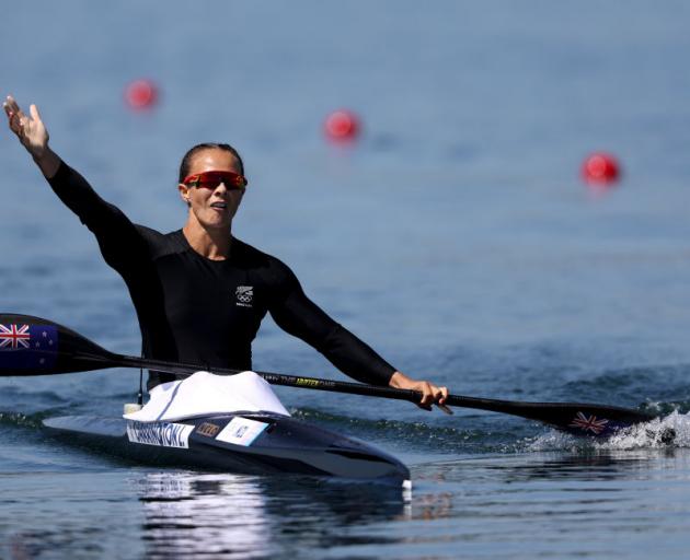 Lisa Carrington celebrates another gold at the Paris Olympics. PHOTO: GETTY IMAGES