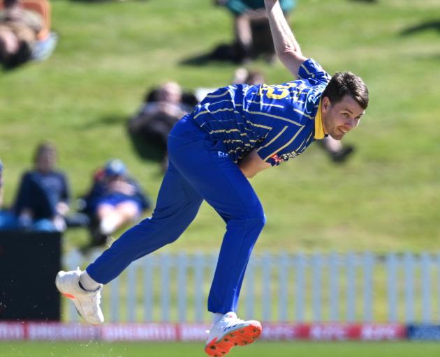 Otago's Jacob Duffy sends down a delivery against the Northern Brave. Photo: Gerard O'Brien
