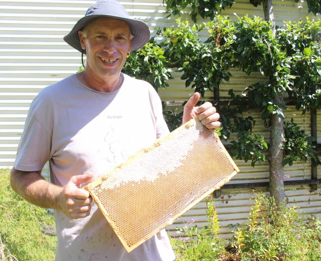Gary Glasson with a frame of fresh rata honey at his Blackball honey processing site. PHOTO:...