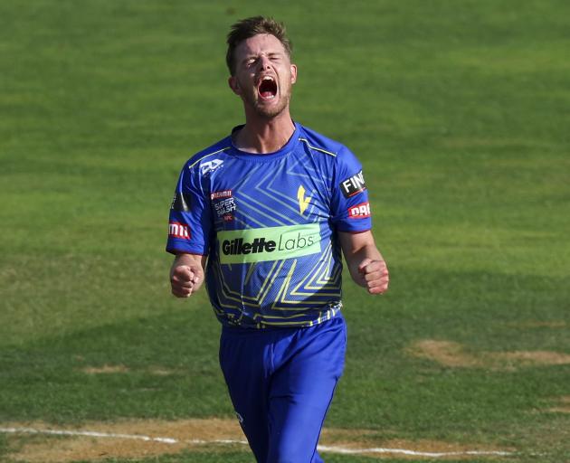 Otago Volts seamer Andrew Hazeldine shows his delight after taking another Super Smash wicket....