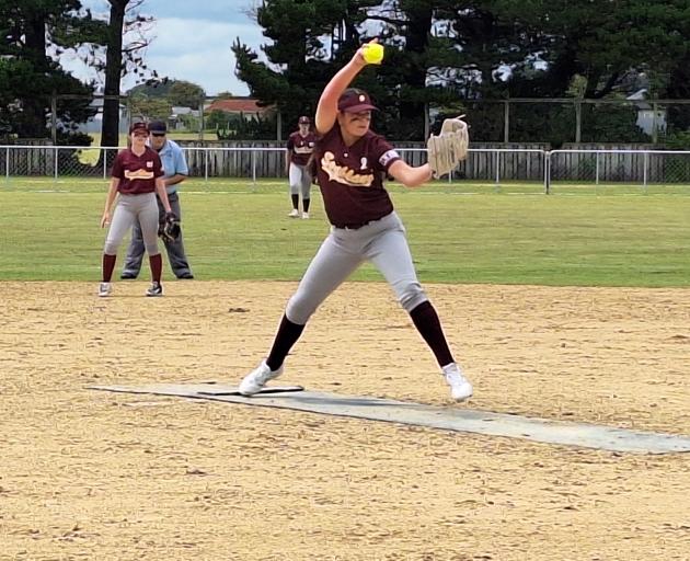 Southland’s Anahera Algar, 16, is in full swing as she pitches to  a North Harbour batter at the...