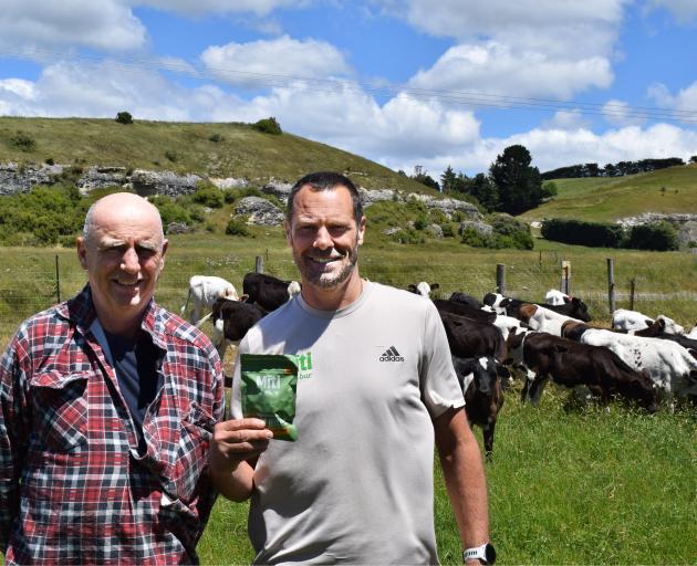 Mr Dogterom (left) and Alps2Ocean Foods founder Daniel Carson eat Mīti Beef Bites made from...