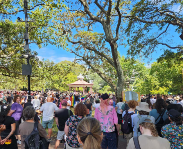 Protesters gather at a demonstration against Brian Tamaki and the Destiny Church. Photo: RNZ
