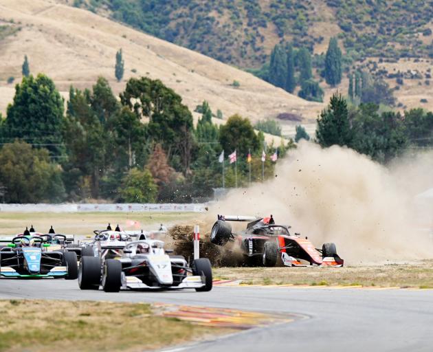 Patrick Heuzenroeder crashes in the Formula Regional Championship at Highlands yesterday. PHOTOS:...