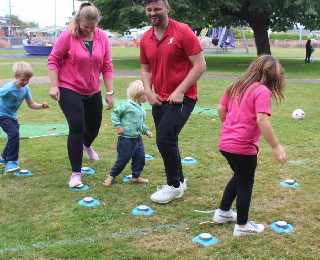 Stomping on the blaze pods at the Pop Up Party in the Park at Russell Sq in South Invercargill...