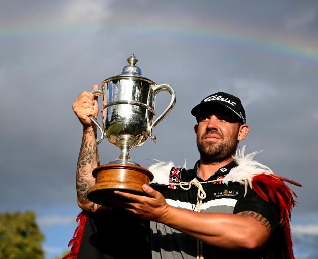 104th NZ Open winner Ryan Peake’s pictured with the Brodie Breeze after securing the 2025 title...