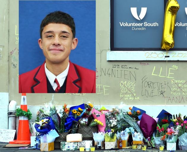 Flowers where Enere Taana-McLaren (inset) was fatally stabbed at the Dunedin Bus Hub in Great...
