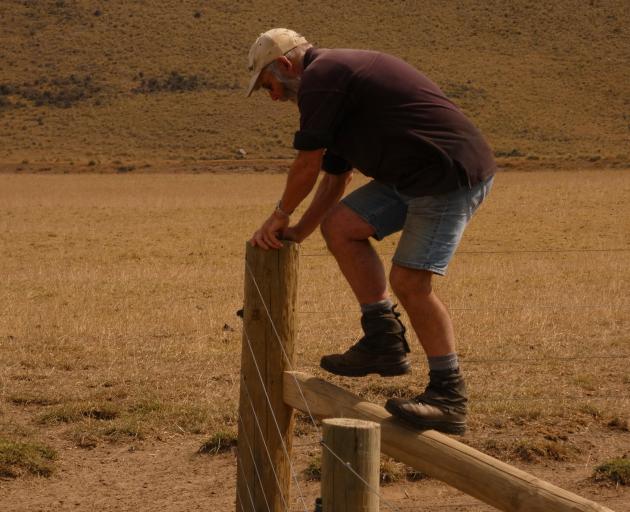 Mt Possession station owner Donald Whyte jumps nimbly over a fence keeping stock out of a stream...