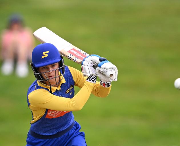 Otago wicketkeeper-batter Polly Inglis plays a shot on her way to top-scoring for the home side...