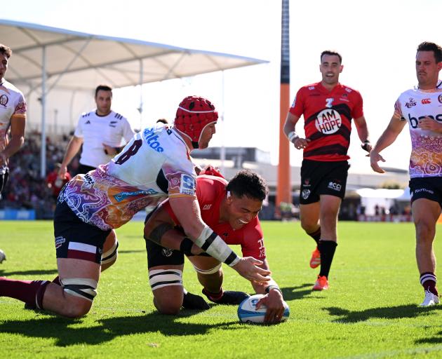 Christian Lio-Willie scores during the Super Rugby Pacific match, Crusaders v Reds, Apollo...