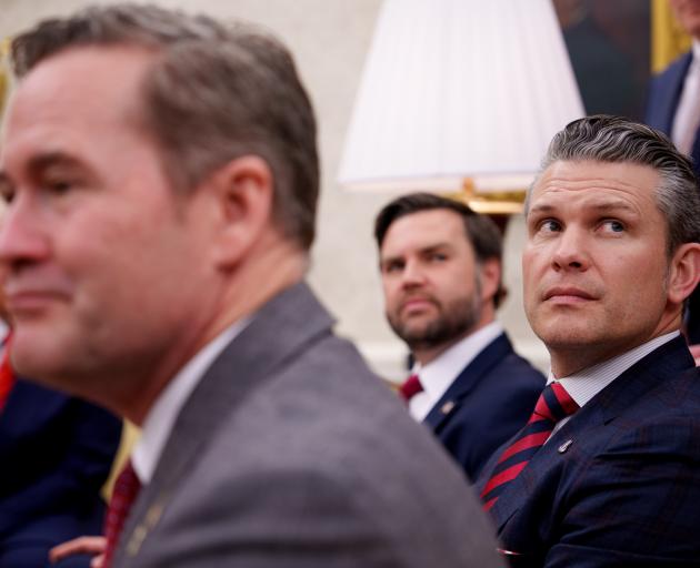US National Security Adviser Michael Waltz, Vice President J.D. Vance, and Defense Secretary Pete...