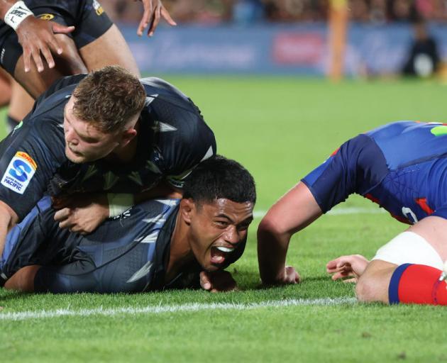 Tupou Vaa’i of the Chiefs celebrates his try during the round five Super Rugby Pacific match...