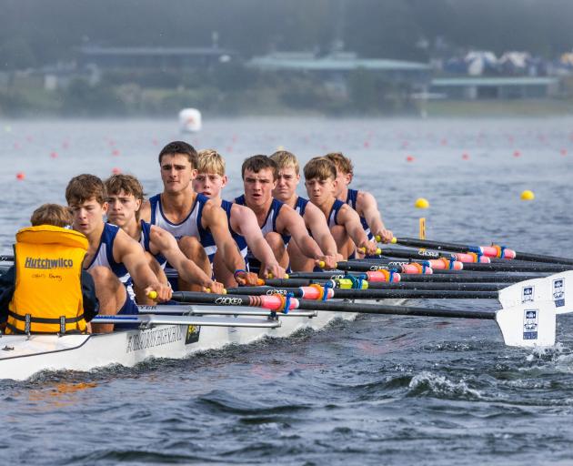 Otago Boys’ High School’s crew (from left) cox Connor Sinclair, Sam Glover, Charlie Anderson,...