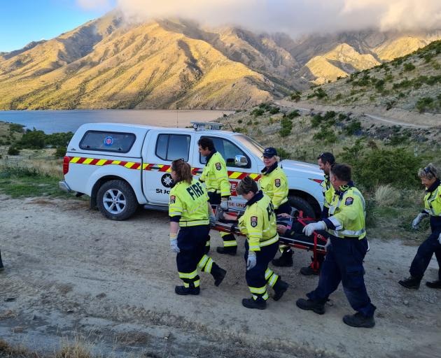 Omarama first-response volunteers carry out a training exercise on the Alps 2 Ocean Cycle Trail....