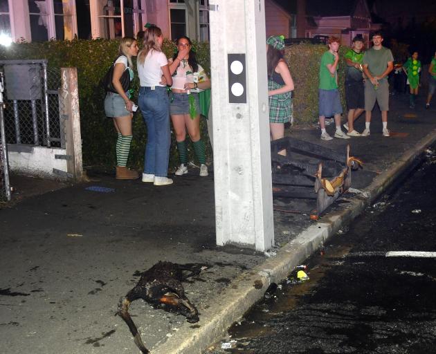 St Patrick's Day party-goers watch on next to the burnt remains of a wallaby and couch on Castle...