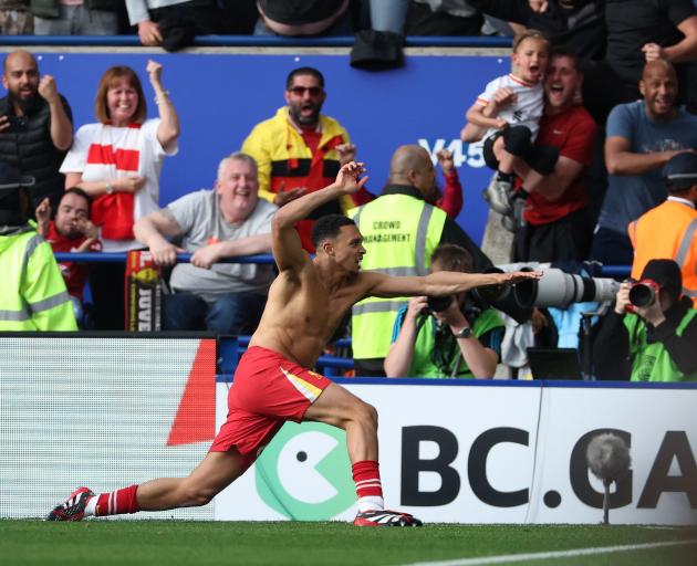 Liverpool's Trent Alexander-Arnold celebrates scoring the team's only goal. Photo: REUTERS