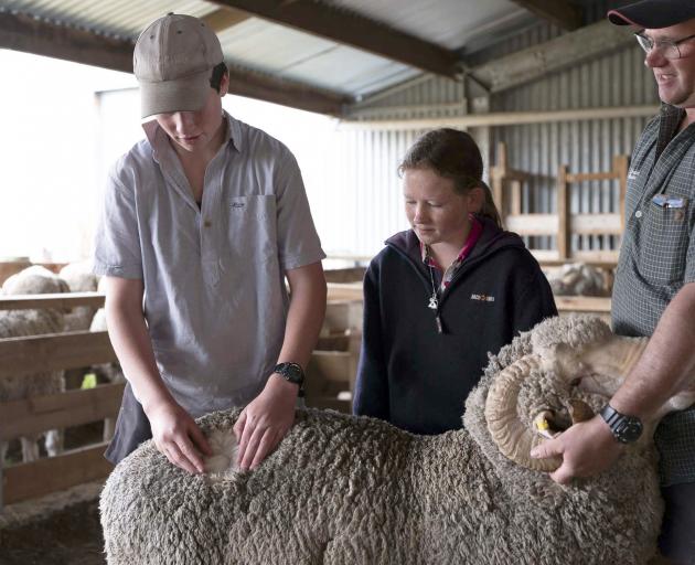 Harry Smith, of Ben Dhu Station, near Omarama, inspects a merino fleece, watched by his sister...
