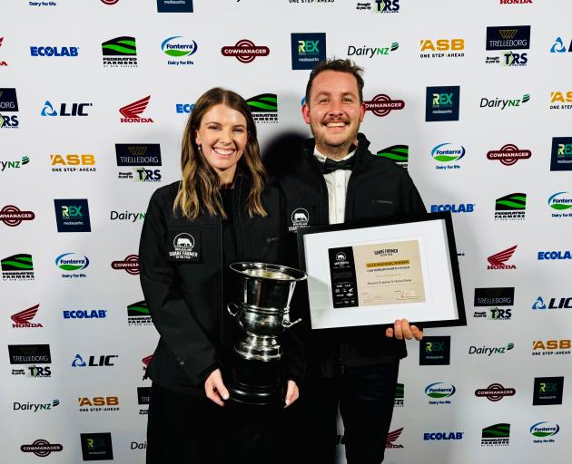 Canterbury-North Otago Share Farmers of the Year Nikita Baker and Richard Grabham celebrate their...