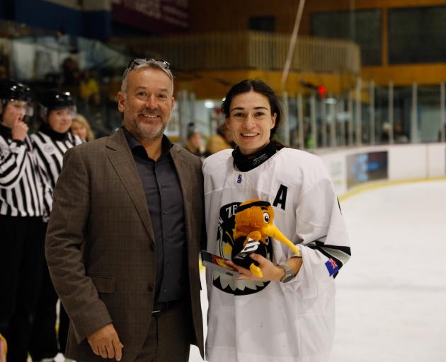 New Zealand Ice Hockey Federation president Andy Mills with Ice Fernz star Anjali Mulari at the...