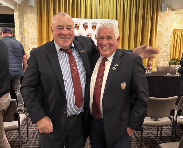 Outgoing Rugby Southland president Leicester Rutledge (left) with replacement Rex Carter. PHOTO:...