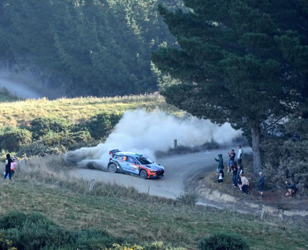 Hayden Paddon’s demonstration run of his Hyundai i20 world rally car on the rally’s final Kuri...