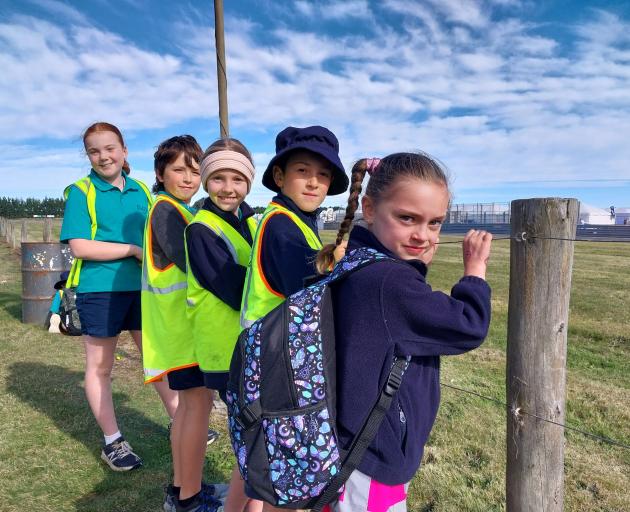 Otatara School pupils (from left) Zoey Lindsay, 10, Amelia Febery, 10, Finn Anderson, 10, Cyraul...