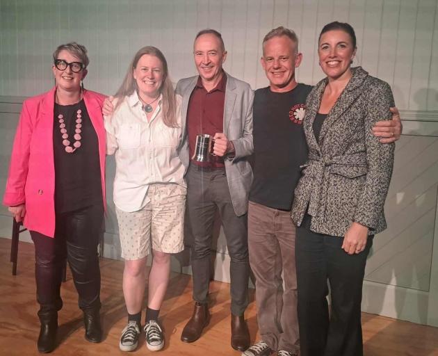 Pint-Sized Plays 2025 winning playwright Andrew Jarocki (centre) is joined on stage by (from left...