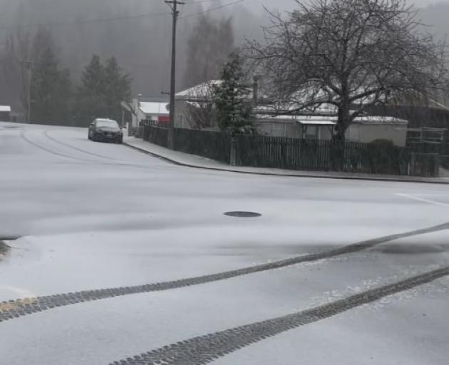 A light dusting of snow turns Naseby streets white yesterday. PHOTO: NASEBY FOREST RECREATION...