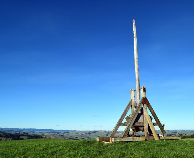 A trebuchet, a counterweight catapult to launch projectiles on Braewick farm in Tuapeka West.