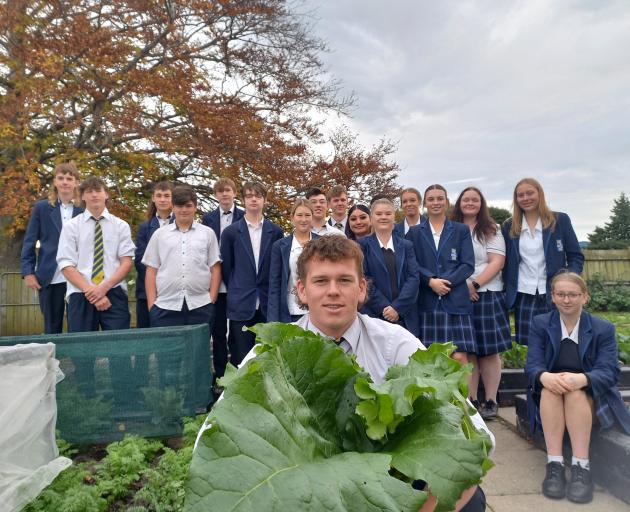 Agriculture student Connor Jopson with an armful of rhubarb harvested at Taieri College. In the...